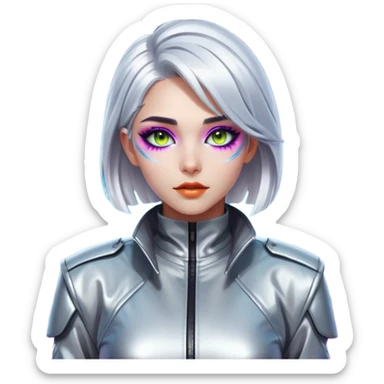 A half-body shot of a young woman with silver hair and strikingly sharp features. She’s wearing futuristic makeup and a metallic jacket, standing against a neon-lit urban background sticker