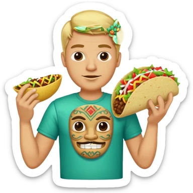 blonde man with tiki shirt holding taco sticker