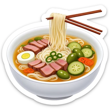 Guilin rice noodles with pickles and meat in soup, simplified emoji style with bold outlines and bright colors, cartoon style Guangxi specialty Mi Fen sticker
