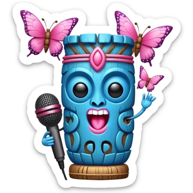 Cartoon Blue and pink tiki singing with butterfly and in the mikrophone sticker