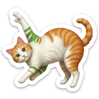ginger and white cat with green eyes doing a big extremely long stretch reaching up into the air with arms and legs side by side together straight and overextended whilst lying on its side sticker