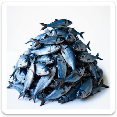 large, realistic pile of blue fish, loosely pyramid-shaped, not a perfect triangle, photorealistic style sticker