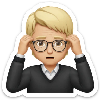 Man pulling hair out with glasses and blonde sticker