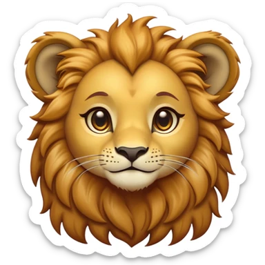 Cinematic Cute Lion Cub Portrait Emoji, Head tilted playfully and inquisitively, featuring a glossy tawny Fur with a lush mane and round, sparkling amber eyes filled with curious mischief, Simplified yet irresistibly adorable features, highly detailed, glowing with a warm, friendly glow, high shine, affectionate and spirited, stylized with a touch of jungle whimsy, bright and endearing, soft glowing outline, capturing the essence of a mischievous yet loving Lion Cub, so playful it feels like it could pounce out of the screen and into your arms! sticker
