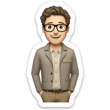 Joyful Pale skinned Fit Man With dark brown hair in gray jacket, beige office shirt, Brown pants and vintage glasses. His thrumbs up sticker