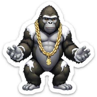 Snow elemental shaped more like a gorilla—think tall, jointed limbs, maybe even facial expressions made of snow flaunting money wearing gold rope chain with jacket and Jordan sneakers sticker