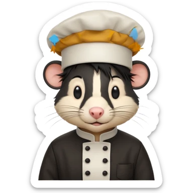 A rat with a fringe, long black hair and chefs hat sticker