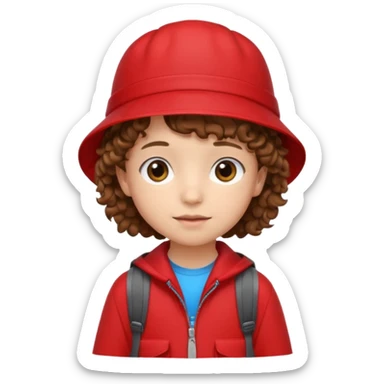 Little student brown curly hair, wears red bucket hat and jacket, backpack, shy sticker