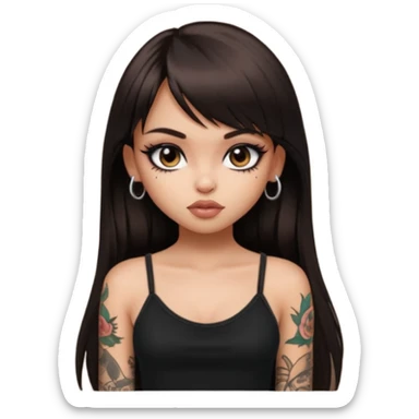 generate a pretty bratz girl in black cami top, dark brown straight long hair with bangs, eyeliner on, with tattoos sticker