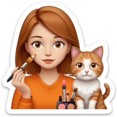 A image of a girl with light brown hair doing her makeup with her cat sticker