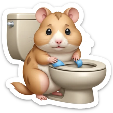 Cute chubby cartoon-style hamster sitting on toilet pooping looking as if he had an accident sticker