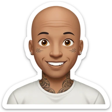 bald black man with intricate face tattoos, cheerful expression, wearing a t-shirt sticker