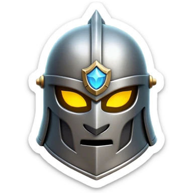 Clash of Clans aesthetic: Cinematic Playful 3D Isometric steel helm Emoji, rendered in a 3D vector-style similar to standard emojis with minimal shading and bold, simplified shapes. A compact, distinct form with signature details, softly glowing with a fantasy RPG magic charm. Simplified yet unmistakably iconic, highly detailed and consistent, glowing with a soft radiance and high shine. Stylized with a touch of heroic grandeur and a soft glowing outline, capturing the essence of a beloved gaming relic with a friendly, playful manner! sticker