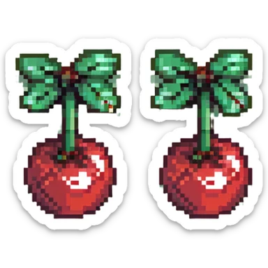 Pixel art of two shiny red cherries with green stem sticker