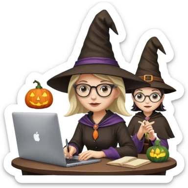 A female video editor wearing glasses, dressed like a witch with a pointed hat, sitting at a laptop editing a video, cinematic lighting, cozy creative studio, professional look, high quality, realistic sticker