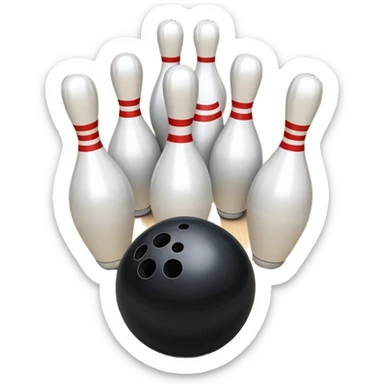 A bowling ball rolling down the lane towards a set of pins, with the pins poised to fall. The scene is set in a bowling alley with bright lights and a polished wooden floor, capturing the excitement and precision of the sport. sticker