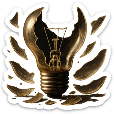 Edit the broken, shattered lightbulb with glass shards in a dramatic and expressive style. Maintain a transparent background. Focus on emphasizing the shattered glass shards and dramatic expression in the composition. sticker