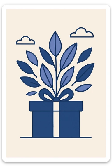 leaves bursting out of a gift box, minimal flat style sticker