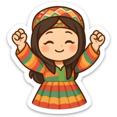 Cartoon sticker of a Kurdish child in traditional colorful Kurdish child dress, dancing Kurdish dance with hands raised and traditional dance pose, no text, suitable for WhatsApp and Instagram, transparent background. sticker