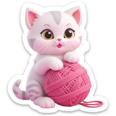 3D iOS-style illustration of a cute kitten with big eyes hugging a pink ball of yarn, pastel color palette, soft lighting, no background. sticker