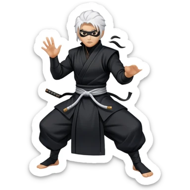 Gabimaru the Hollow, action stance, swirling smoke, white hair, black ninja attire, focused eyes sticker