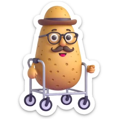 funny icon for archived groceries, ancient potato with mustache glasses and walker, humorous face, 3D emoji style, white background sticker