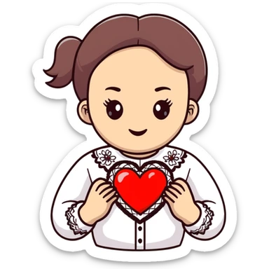 Beautiful young girl in a white Ukrainian embroidered shirt holds a large embroidered heart in her hands sticker