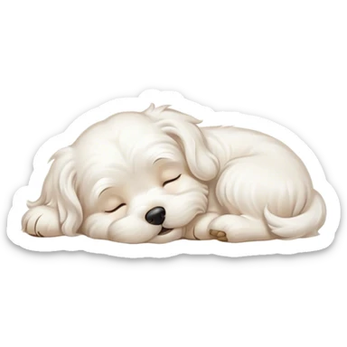 Cinematic Meme-Worthy Chubby Sleeping Wavy-Haired Maltese dog Portrait Emoji, Head resting peacefully with a contented smile, featuring a delightfully chubby build and a luxuriously soft, wavy-haired white coat, eyes shut in a serene nap, Simplified yet hilariously adorable features, highly detailed, glowing with a soft, drowsy light, high shine, relaxed and utterly lovable, stylized with an air of playful laziness, bright and endearing, soft glowing outline, capturing the essence of a comically sleepy companion, so meme-worthy it feels like it could instantly become the next viral sensation of adorable slumber! sticker