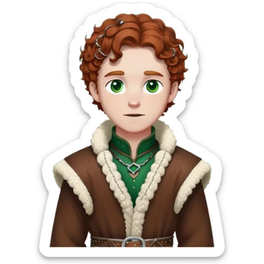 Medieval winter outfit worn by a DnD themed fantasy male character. Rich brown leather-trimmed wool tunic with sheepskin lining, featuring intricate metal buckles at the collar, paired with a heavy braided belt. Clothes only above the waist, full waist coverage. The character has no arms. Character is white-skinned with auburn hair, emerald green eyes, and short curly hair beneath a light dusting of snow. sticker