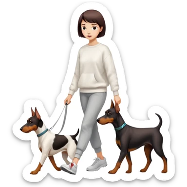 Beautiful short-haired girl in a white sweatshirt walking her Doberman sticker