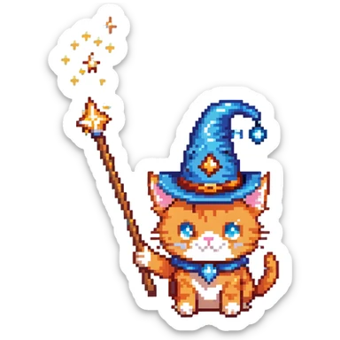 Orange cat with wizard hat and magic wand with sparkles sticker