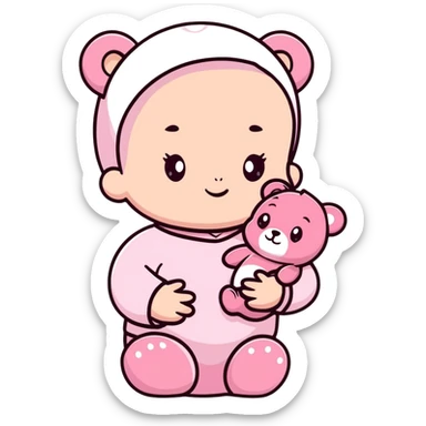 adorable baby in pastel pink outfit with pink teddy bear sticker