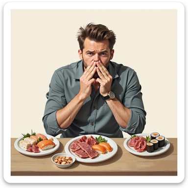 adult man refusing sushi, salami and cold cuts, irritated expression, hands covering mouth, plates of sushi and cold cuts in front, realistic style, light background sticker
