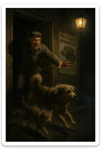 Un uomo anziano in tuta da lavoro, con espressione arrabbiata, butta fuori i suoi animali con aperta la porta di casa mentre il suo cane (un meticcio a pelo lungo) e il gatto (soriano) scappano nella strada buia sotto la pioggia. Particelle di polvere/pulci fluttuano nell'aria illuminata dal lampione. Sullo sfondo, un poster strappato del veterinario con scritto 'Prevenzione antiparassitaria'. Stile fotorealistico, illuminazione Caravaggesca, toni grigi e ocra. in italiano sticker
