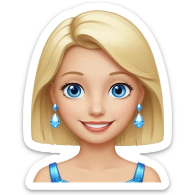 make this real, blond, below shoulder, blue eyes, 50s, sparkle in the eyes, fun, smile, no earings, relaxed style sticker