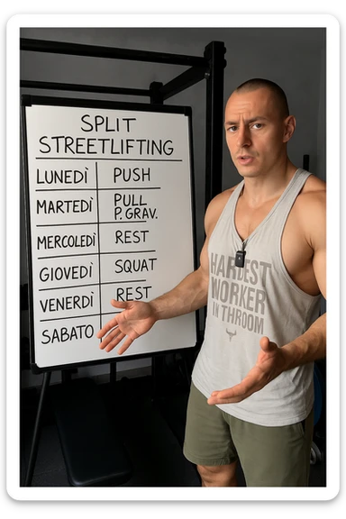 uomo che spiega alla lavagna la "Split di Allenamento" per lo streetlifting. tutto in italiano sticker