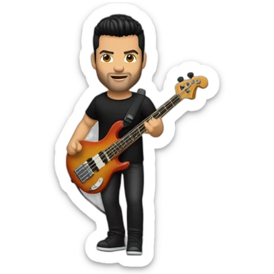 Ricky Martin, very strong, short black hair, wearing a black shirt, playing electric bass sticker