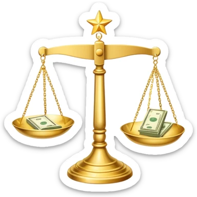 A shiny gold balance scale with dollar bills on the left side and three stars on the right side sticker
