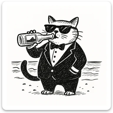 Add sunglasses to the cat in a tuxedo drinking beer on the beach in doodle style, hand drawn and sketchy with playful lines and details. sticker