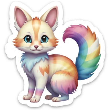  Realistic cute adorable pastel-iridescence-gradients albino fur with random colorful iridescent rainbow markings beautiful elegant pretty precious cute  Fakémon-Pokémon-opossum-feline-serval-caracal-chinchilla-Minccino-hybrid-creature with a big fluffy bushy striped tail (full body) sticker