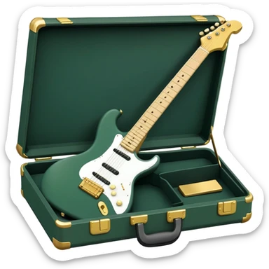 minimalist electric guitar in dark green, closed inside a black rectangular hard case with gold latches, soft matte textures, simplified details, compact artistic look sticker