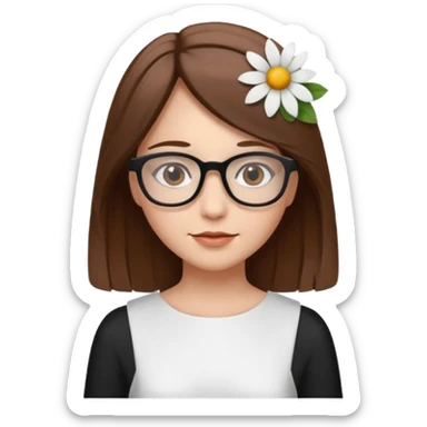Hawaii female with fair skin. Shoulder length straight brown hair. Brown eyes with glasses. Flower in hair sticker
