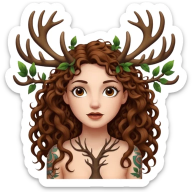 woman with long curly brown hair, brown eyes, white skin, tattoos, tree branches forming antlers above her sticker