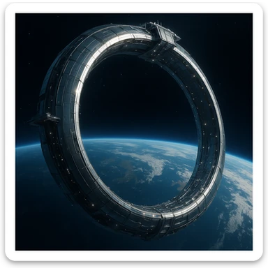Elysium space station, futuristic, massive ring structure, orbiting Earth, gleaming metal, advanced sci-fi design sticker