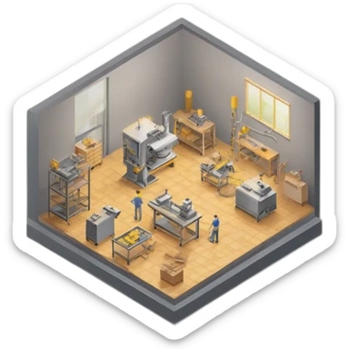 isometric square transparent solid outline border containing indoor creative workshop handmade factory three people actively working cnc machine tools vacuum simple clean industrial sticker