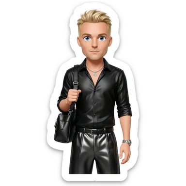 Kian Egan from Westlife with blue eyes, blonde hair, black metallic shirt, black metallic baggy pants, silver necklace sticker