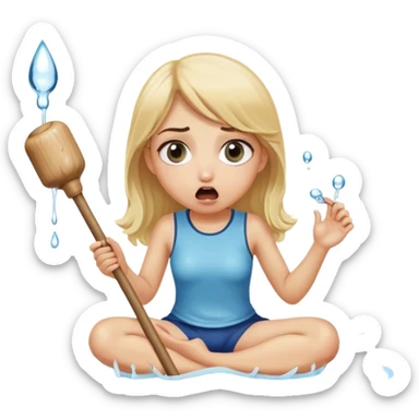 blond woman sitting on her knees with wide eyes, holding a wide skin-colored stick with a D-shaped knob, the stick has skin texture, water squirting from the knob into her mouth, shocked face sticker