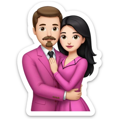 tall white man with brown hair goatee mustache hugging a pale woman with long black hair, wearing pink formal clothing sticker