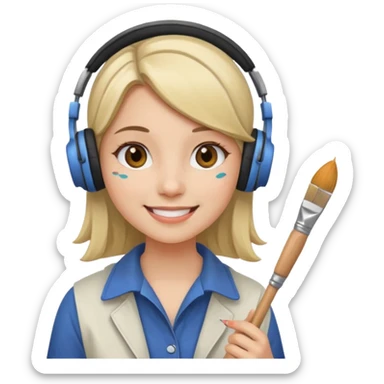 female artist wearing headphone, holding painter sticker