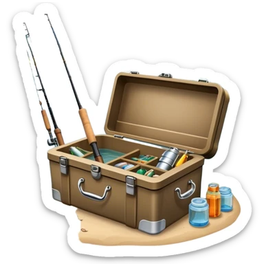 Icon for Fishing: a boat on the shore of a peaceful water body with a beautiful natural landscape, a fishing tackle box, a spinning rod. The icon should capture the tranquility and gear of a fishing adventure. Without frame. Transparent background. sticker